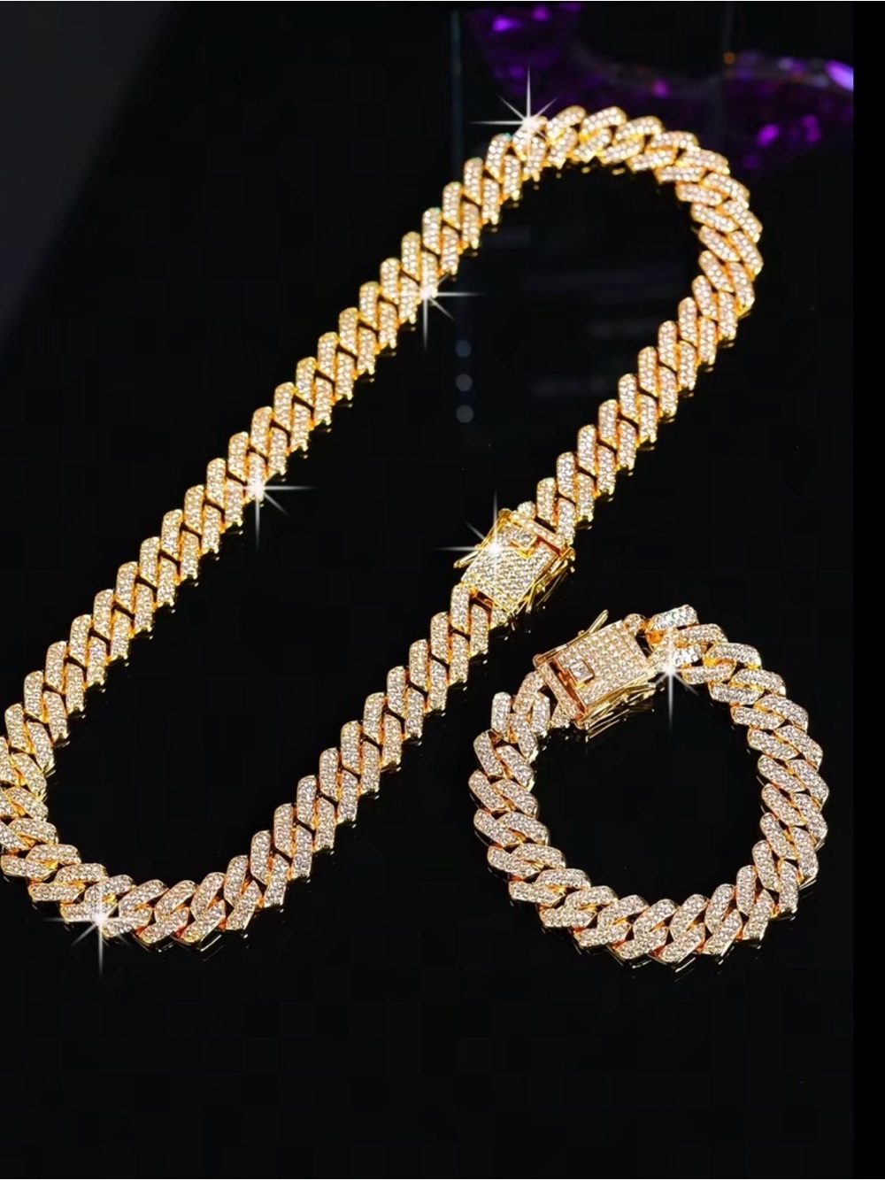 Gold Cubic Zirconia Cuban Link Necklace and Bracelet Set